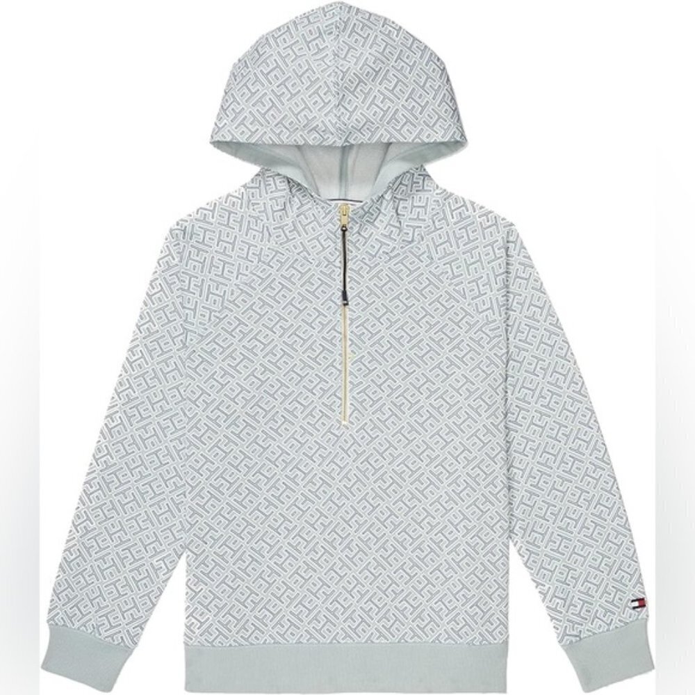 Tommy Hilfiger Half Zip Logo Alllover Print Hooded Pullover Grey Sweatshirt
